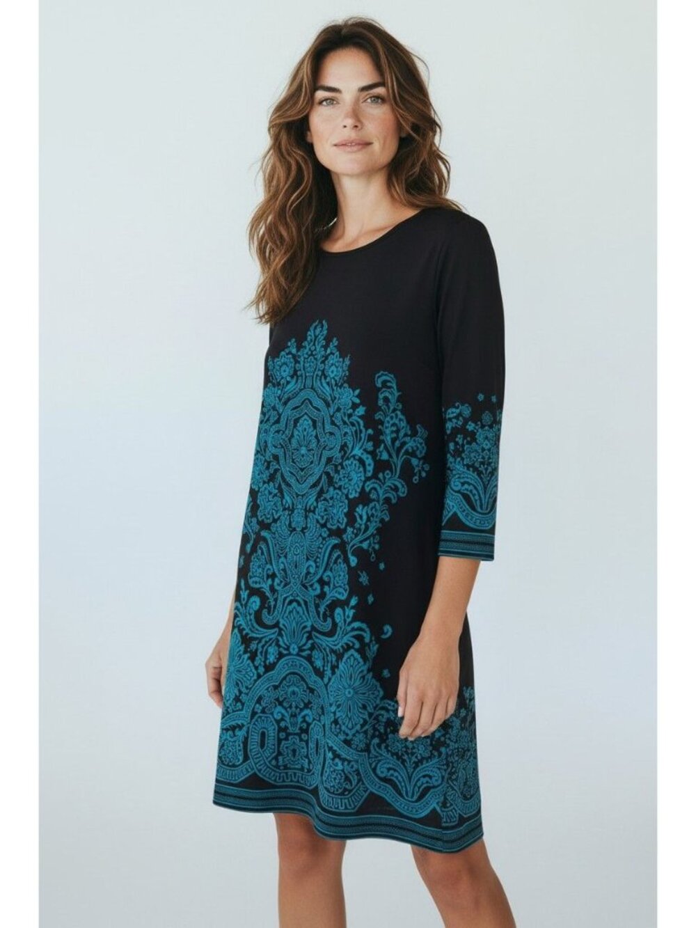 MT Collection Black Teal Paisley Print Shift Dress Size XL Office Career Work